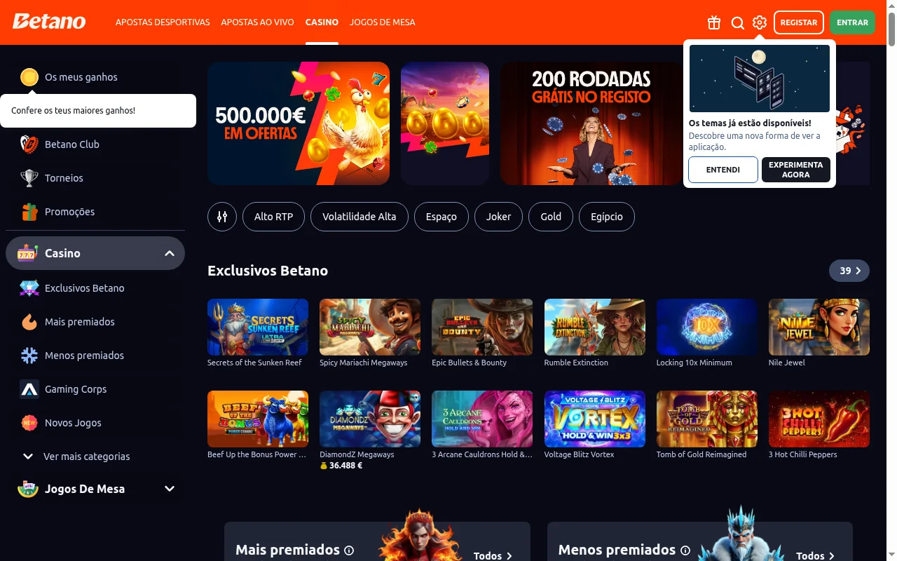 Interface do casino Betano com jogos legais em Portugal